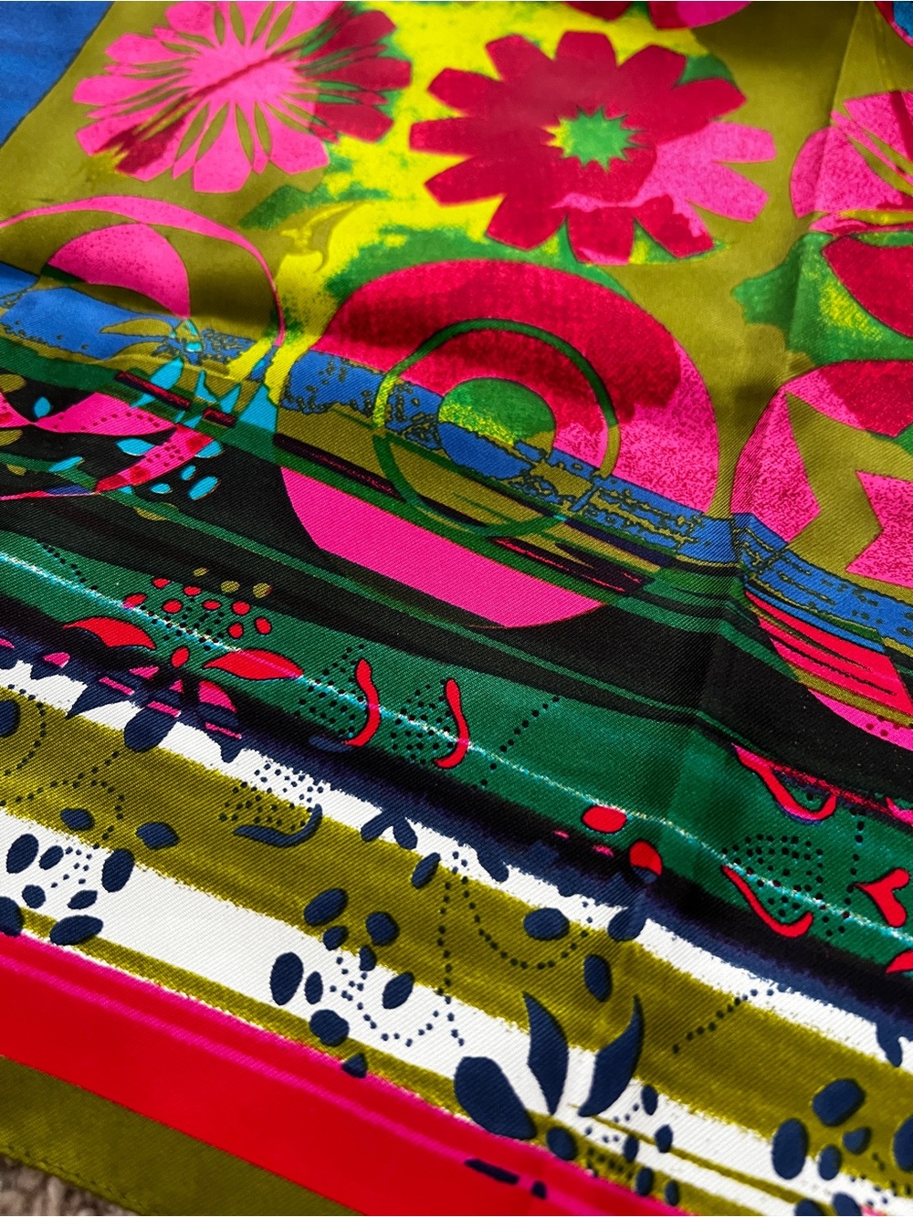Christian Lacroix Vibrant Floral Silk Scarf in Blue, Pink & Green - Picture 3 of 8
